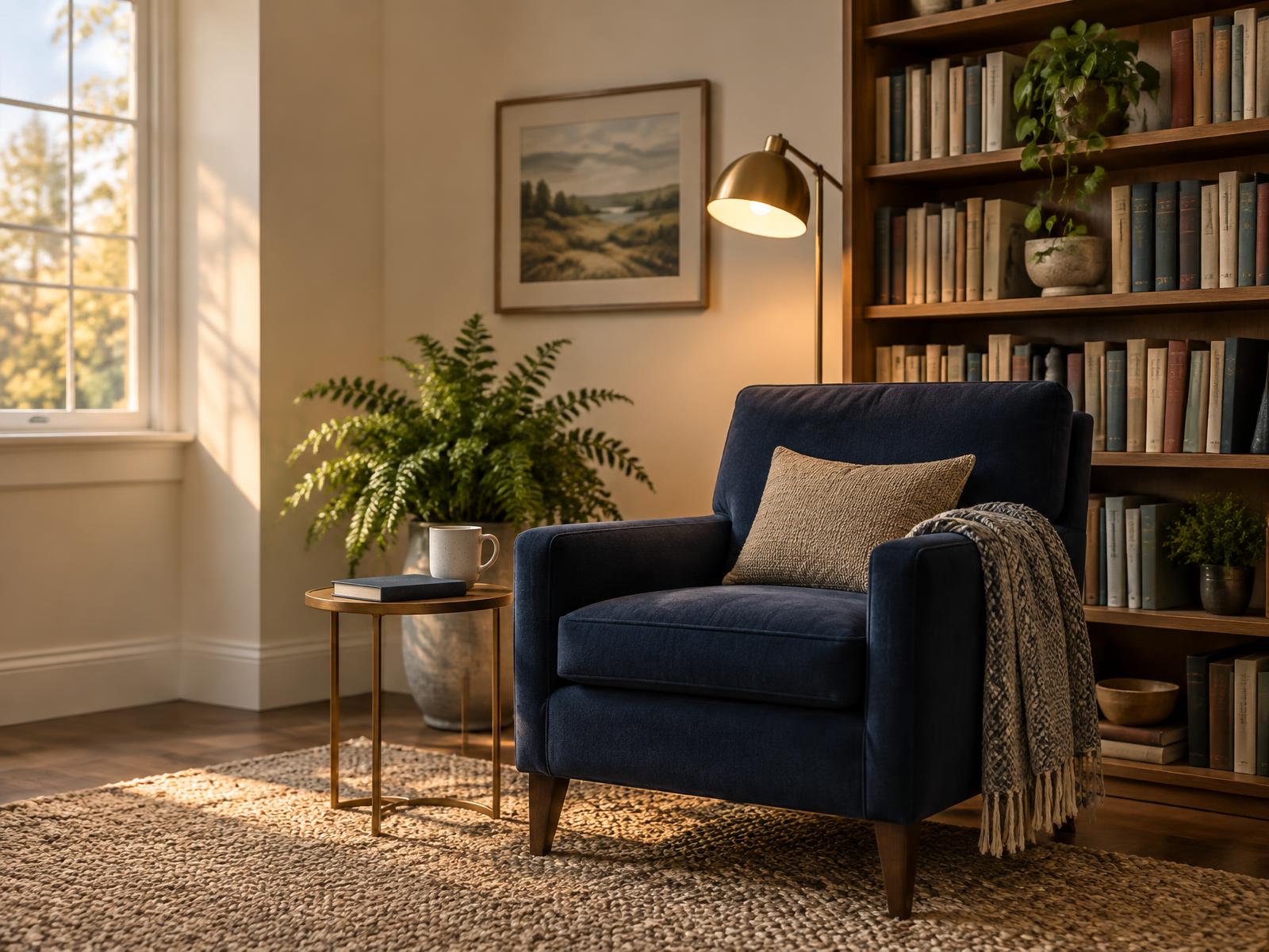 A cozy reading corner with a navy armchair, a brass floor lamp, a wooden bookshelf, and a mug and book on a small side table.